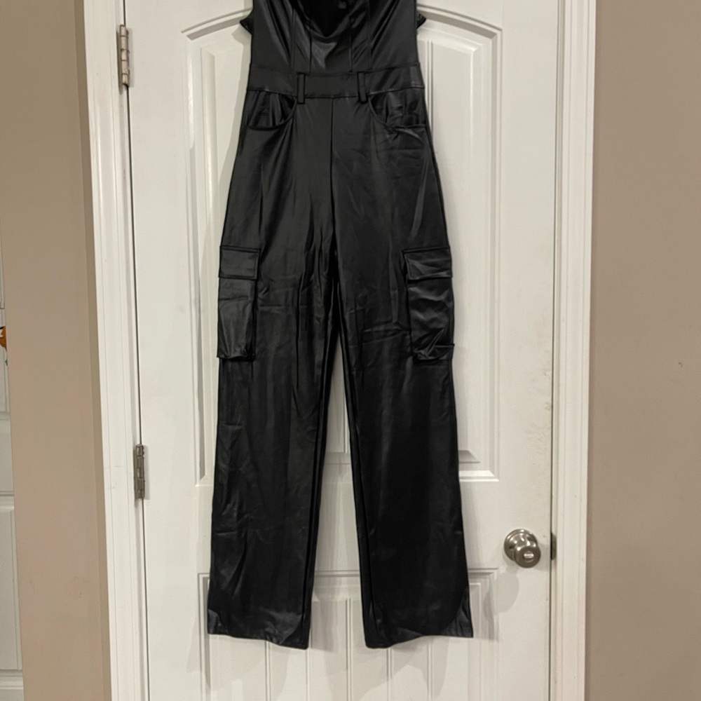 Women’s black pleather jumpsuit small